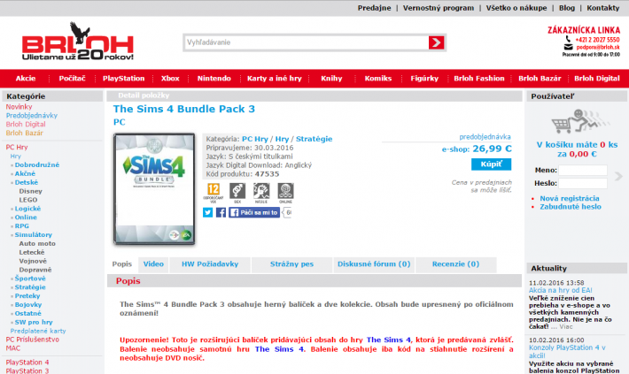 Третья коллекция The Sims 4 в словацком интернет магазине BRLOH