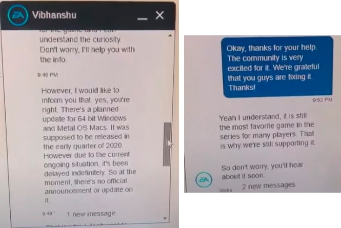 переписка с поддержкой EA